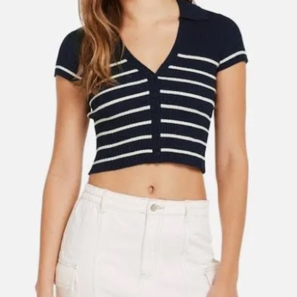 Bershka Size Small Collared Navy and White Stripe Crop Top